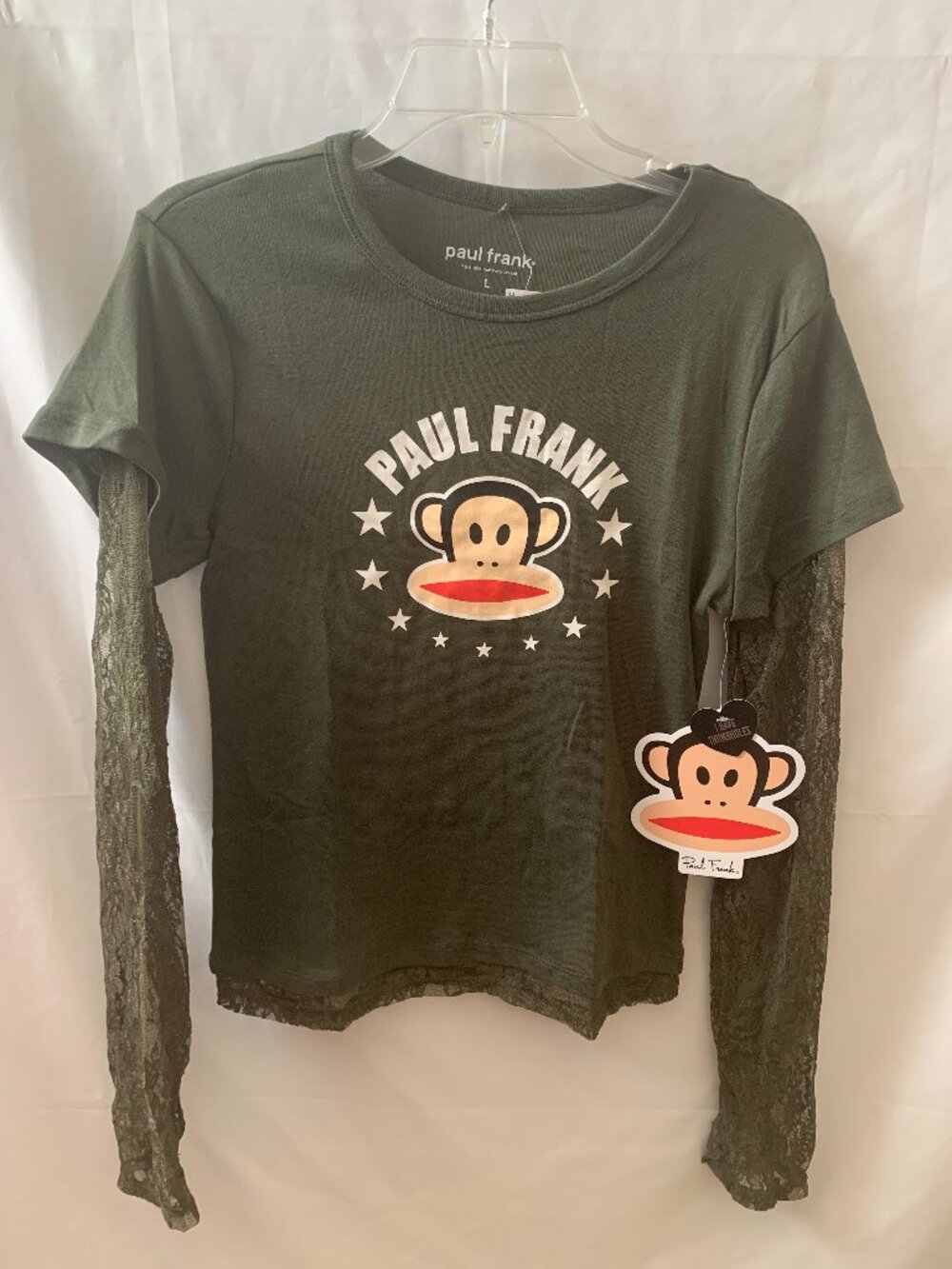 PAUL FRANK Julius the Monkey Lace Long Sleeve Tee in Dark Green Sz LARGE